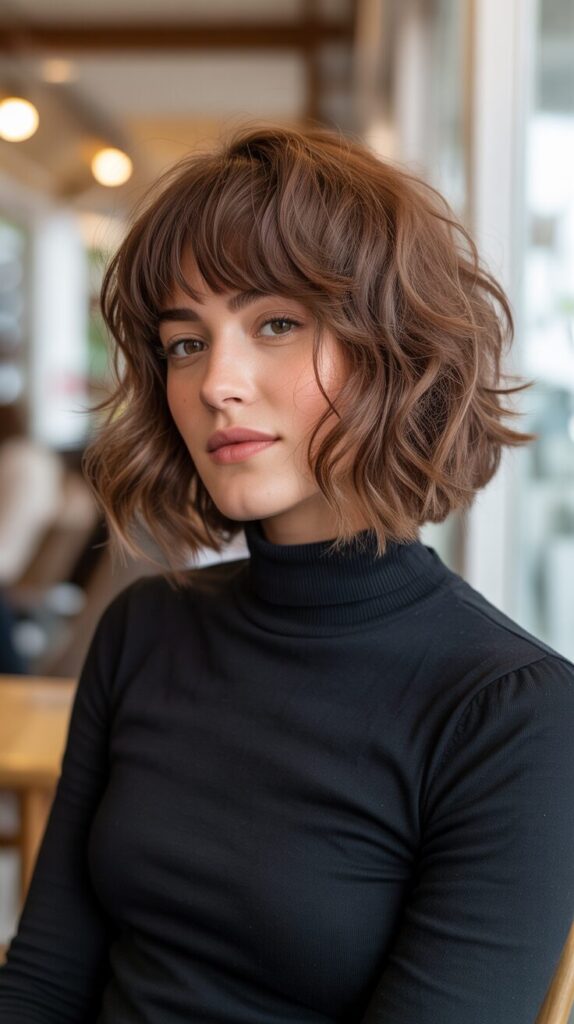 2. Wavy Wolf Cut with Curtain Bangs